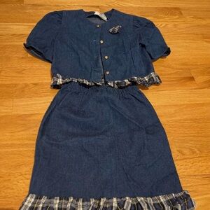 Vintage PSSST Stylish Blue denim Kids skirt/top with Plaid Accents size medium